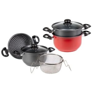 Set FRIGGI VAPOR in carbon steel antiaderente con cestello in acciaio inox 18/10